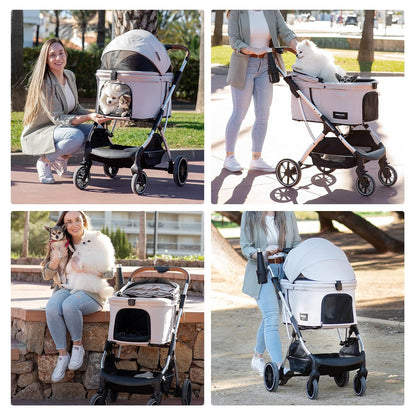 T5 Luxury Pet Stroller for Medium Dog Under 60lbs or 2 Small Dogs & Cats with 180 ̊Canopy, Sun Shades, Auto-Folding Stroller for Multiple Pets（Beige）