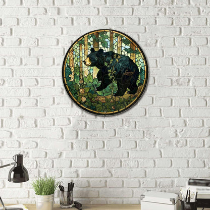 Lygond Metal Sign Tin Sign Circular Stained Glass American Black Bear Funny Bathroom Wall Decor for Restaurant 12×12 Inches