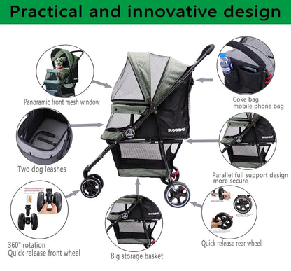ROODO 3 Wheel Dog Pet Cat Stroller Best Lightweight Foldable Compact Portable Jogger All Terrain Travel Pet Gear Puppy Kitty Stroller for up to 30lbs Medium Small Dogs and Cats(Cationic ash)
