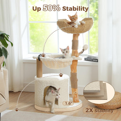 PAWZ Road Modern Cat Tree with Natural Solid Wood Scratching Post, 40 Inches Cat Tower with Spacious Wicker Basket,Large Hammock,Luxury Condo for Indoor Cats