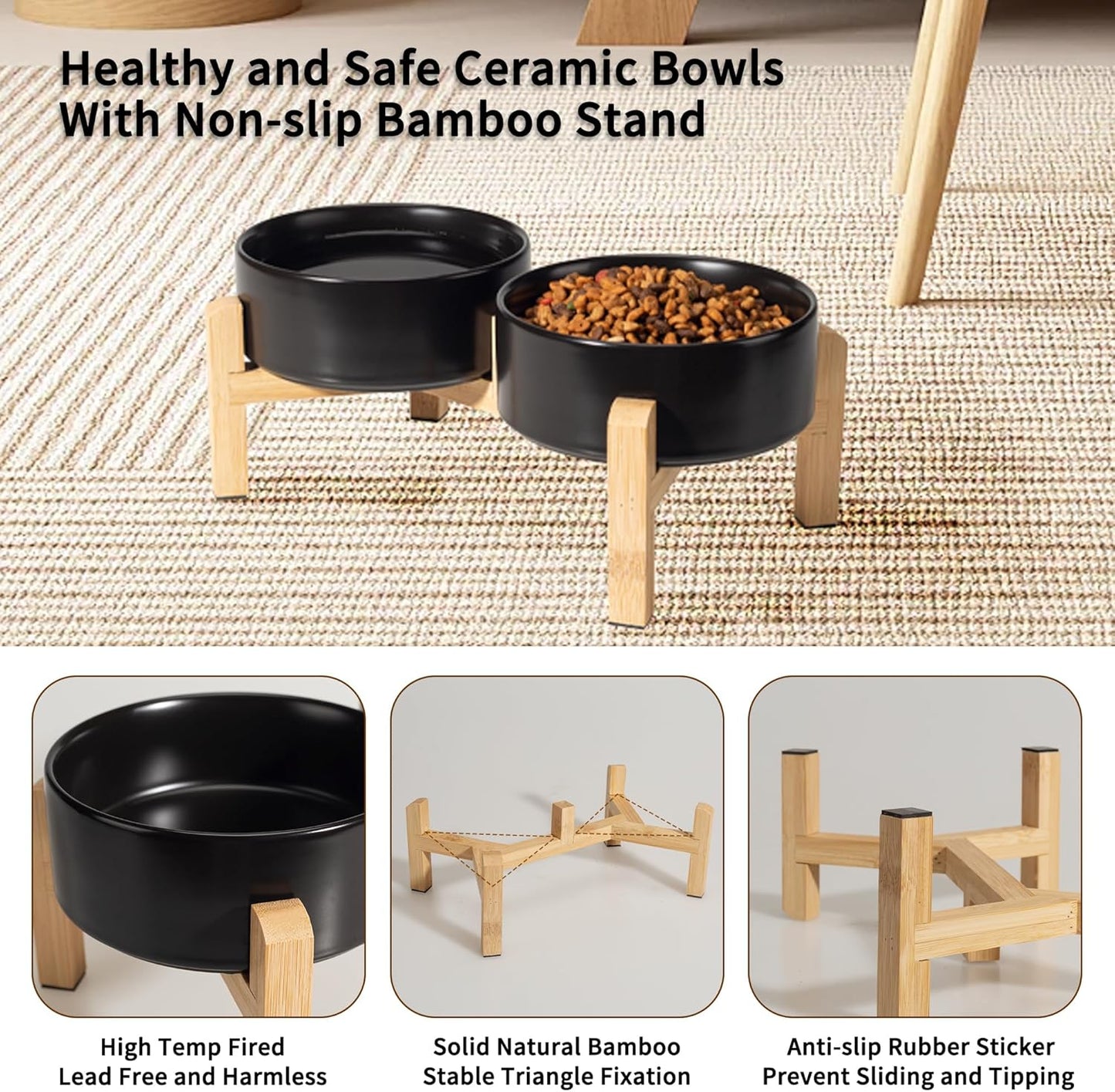 Elevated Ceramic Dog Bowl Set - Raised Feeding Bowls with Non-Slip Bamboo Stand - Small Pet Dishes for Food and Water - Ideal for Cats and Puppies - 16.23 OZ - 2 Cups - 480 ML