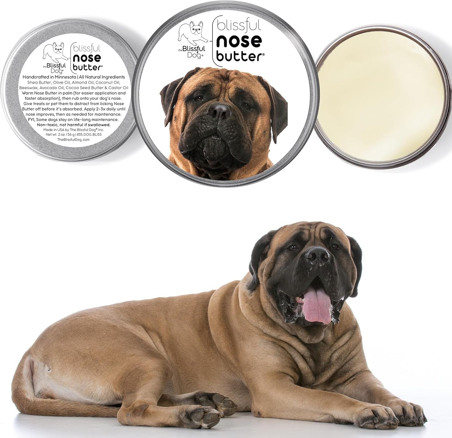The Blissful Dog Bullmastiff Nose Butter for Dry, Cracked Skin, Lick-Safe Dog Nose Balm with Moisturizing Shea Butter, Almond, Olive, and Essential Oils, Pet Supplies, Uncented, 1 oz.