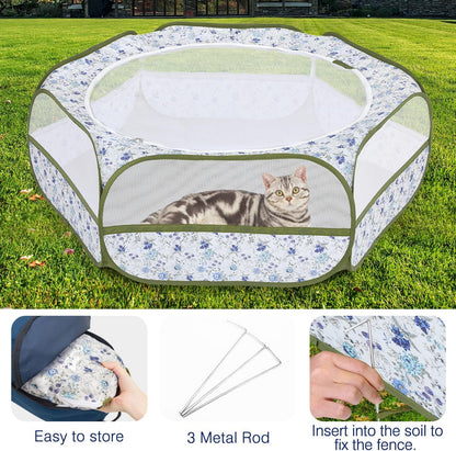 Pawaboo Small Animals Playpen, Waterproof Small Pet Cage Tent with Zippered Cover, Portable Outdoor Yard Fence with 3 Metal Rod for Chick/Kitten/Puppy/Guinea Pig/Rabbits/Hamster, Blue + White Flower