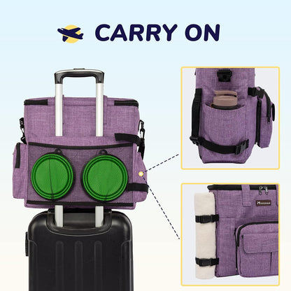 Modoker Dog Travel Organizer Carriers for Supplies & Accessories, Airline Approved Cat Pet Travel Bag, 2 Collapsible Bowls, 2 Travel Dog Food Container, Purple