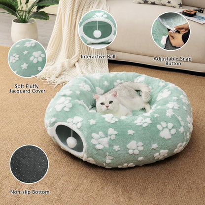 Cat Tunnel for Indoor Cats, Cute Peekaboo Cave with Dangling Balls, Pet Donut Tunnel Bed with Circle Mat for Puppy Kitten Rabbit, Green