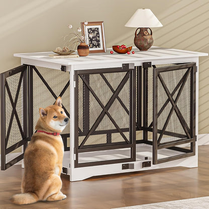 COZPAW Large Dog Crate Furniture - 48 inch Heavy Duty Dog Kennel Indoor for XLarge Breed with Double Doors, Wooden Dog Cage XL Modern Decorative End Table Pet House (White)