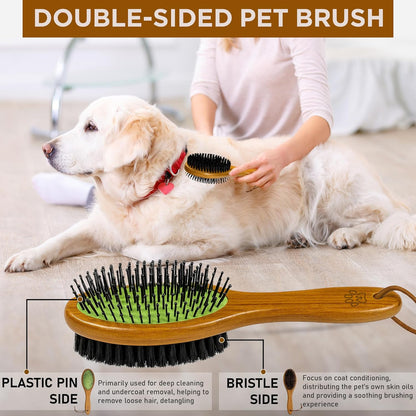 TAKAVU Pin & Bristle Pet Brush for Dogs & Cats - Double Sided Grooming Tool Detangles, Removes Loose Hair & Conditions Coat - Wood Handle