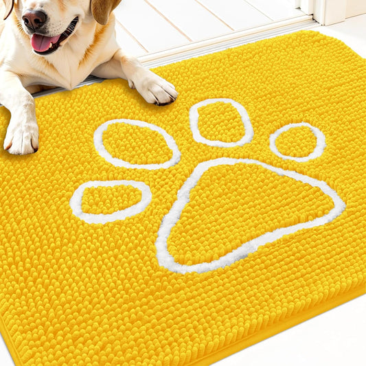 OLANLY Door Mat for Muddy Dog Paws 30x20, Ultra Absorbent Chenille Mud Doormat with Paw Print Design, Non-Slip Washable Doormat for Indoor Entryway, Quick-Dry Pet Bed Mats for Dirty Dogs, Yellow