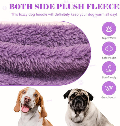 Fuzzy Dog Hoodie Dog Sweaters for Large Dogs Soft Double-Sided Plush Fleece Sweater Clothes Coats Hoodie Sherpa Hooded Sweatshirt(Purple-L)