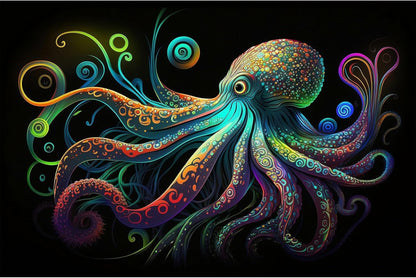 Octopus Aquarium Background Exquisite Colorful Octopus Terrarium Background Glowing Octopus on Black Background Fish Tank Backdrop Octopus Backdrops Poster Wallpaper Decorations Vinyl 48x24in