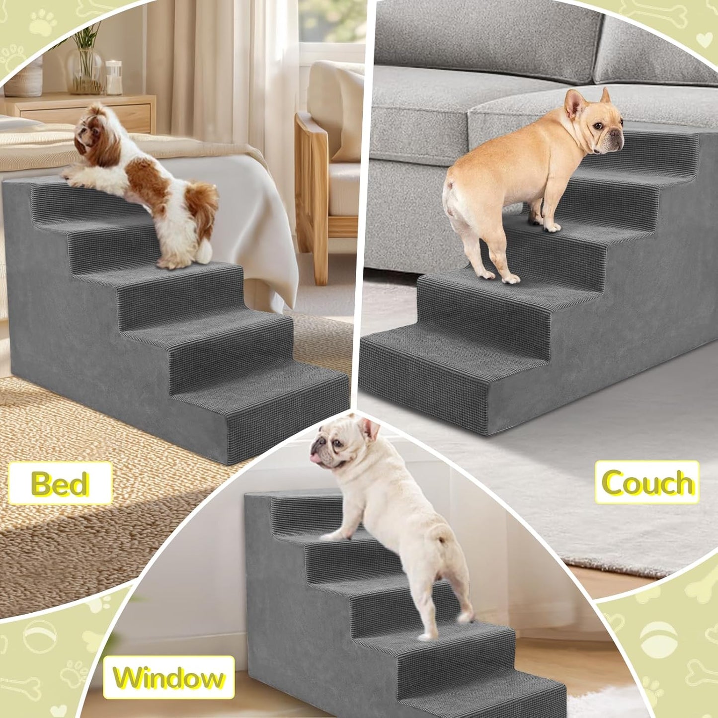 Niubya Dog Stairs for Small Dog and Cats,23”H Non-Slip Bottom Pet Steps for High Beds and Couch,High-Density Foam Pet Stairs Grey,5 Steps