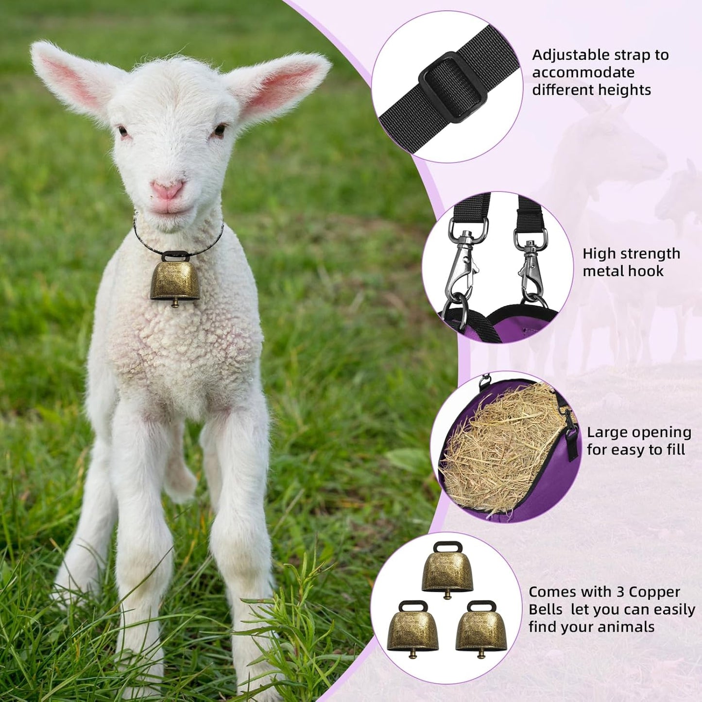 3 PCS Goat Hay Feeder,Hay Bags for Horses,Goats,Donkeys with Reinforced Oxford Fabric and High Strength Metal Clasp,Horse Feeding Supplies with Adjustable Strap for Easy Hanging (2Purple+1Grey)