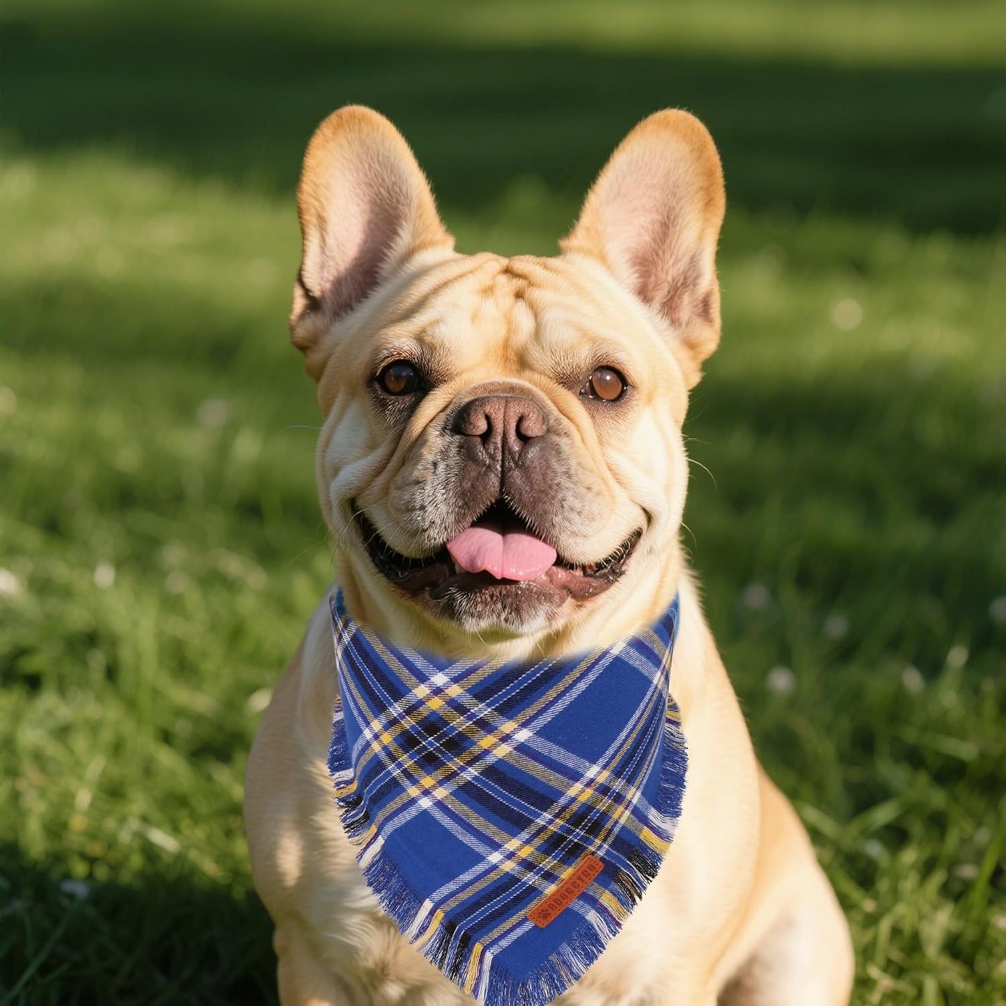 ADOGGYGO Dog Bandanas Boy with Tassels Edges, Stylish Blue Plaid Pet Scarf, Soft Cotton Fabric, Adjustable Reversible Plaid Bandanas for Small Dogs (Small)