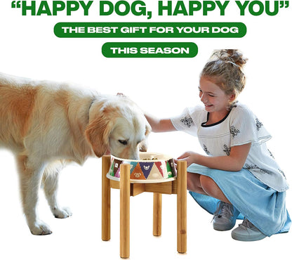 Dog Bowl Stand for Large Dogs - Raises Feeders and Bowls to 12-inch High, Expandable Sideways, Compatible to Various Sizes of Slow Feeders, Water Dishes and Fountains - Bamboo