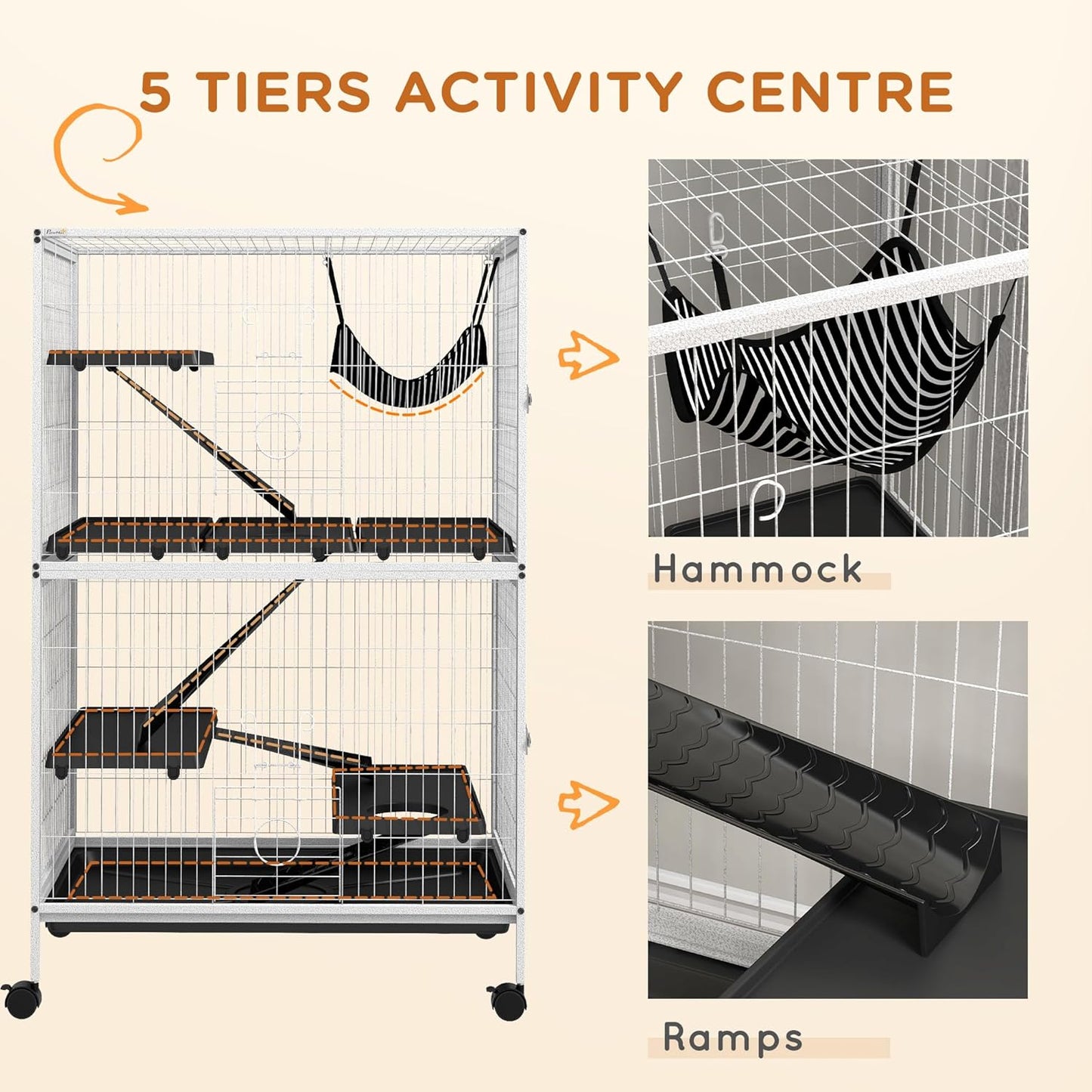 PawHut Metal Small Animal Cage, 5-Tiers Rolling Big Ferret Cage with Hammock, Removable Tray, for Chinchilla, Sugar Glider, White