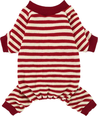 Fitwarm Red and White Striped Dog Pajamas, Waffle Dog Clothes for Small Dogs Girl Boy, Puppy Onesie with Feet, Pet Christmas Outfit, XXL