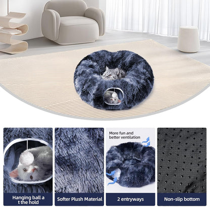 Odoland Cat Tunnels for Indoor Cats with Fluffy Plush Central Cat Couch and 20 Cat Toys, Tunnel Bed for Cats with Hanging Ball, Detachable Soft Mat and Variety Kitty Toy Set, Deep Blue