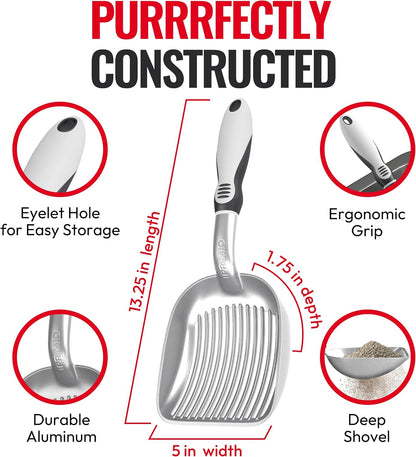 iPrimio Cat Litter Scooper Deep Shovel with Holder - (Silver XL) - Non-Stick Pooper Scooper Shovel Kitty Litter Sifter - Patented Solid Aluminum Poop Scoopers with Long Handle, Easy Grip, Pet Supplies
