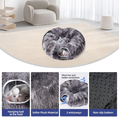 Odoland Cat Tunnels for Indoor Cats with Fluffy Plush Central Cat Couch and 20 Cat Toys, Tunnel Bed for Cats with Hanging Ball, Detachable Soft Mat and Variety Kitty Toy Set, Grey