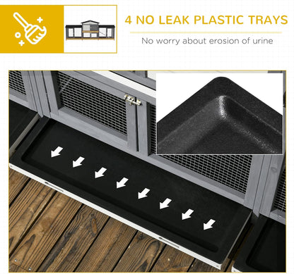 PawHut 90.5" Wooden Rabbit Hutch Bunny Cage Pet Playpen House Enclosure with Double Side Run Boxes, No Leak Tray, Ramp, for Guinea Pig and Small Animals, Light Gray