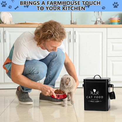 Meraki Home Farmhouse Cat Food and Treats Containers + Feed Scoop + Pet Food Bowl - Tight Lids - Large Metal Storage Bin - Great Gift for Cute Pets (Matte Black)