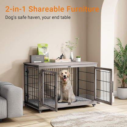Lulive Dog Crate Furniture, XL Wooden Dog Kennel Indoor Double Doors Dog Cage, 44'' Heavy Duty Dog Crate with Cushion & Wheels, Decorative End Table Chew-Resistant for Extra Large/Medium, Grey