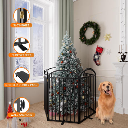 6 Panles Full Matel Freestanding Dog Gates with Door, 144"Extra Wide 36"Tall Free Standing Dog Pet Gate for Indoor & Outdoor. Foldable Pet Fences for Doorways, House, Stairs, Porch, Deck, Yard