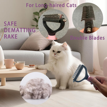 Cat Grooming Brush Kit 6 Tools - Deshedding & Dematting for Long/Short Hair, Self-Cleaning Slicker Brush with 6-in-1 Flea Comb for Cats & Kittens (Pink)
