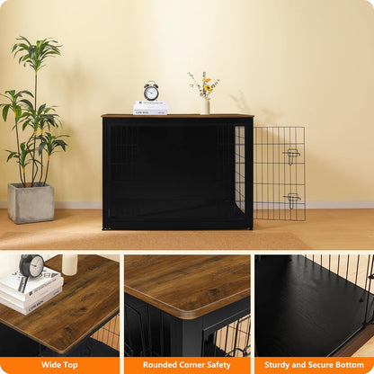 DWANTON Dog Crate Furniture with Cushion, Wooden Kennel Table with Double Doors, Indoor Dog House, Extra Large Size, 43.3" L, Black+Warm Brown