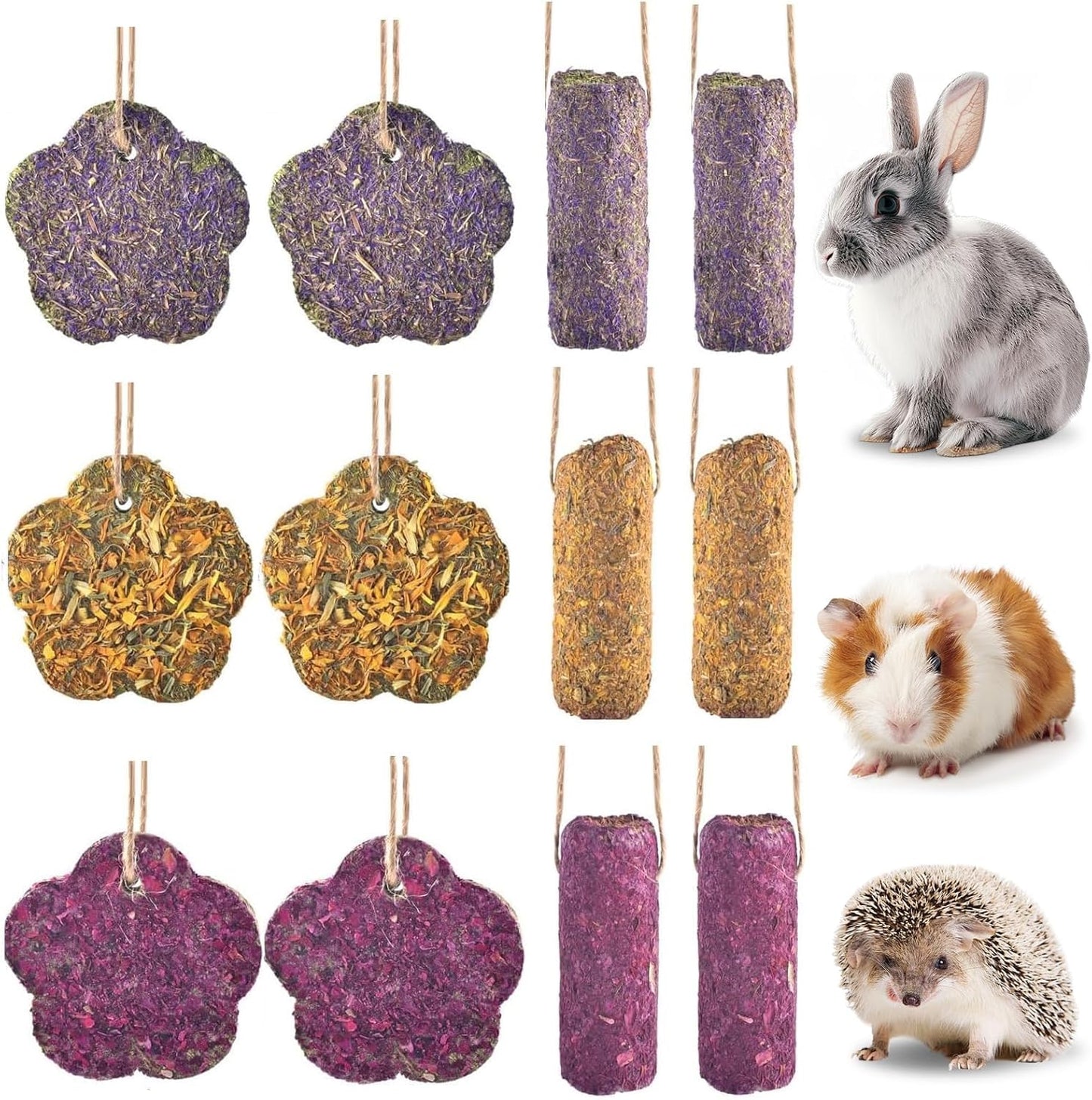 12PCS Rabbit Chew Sticks, Hanging Chew Sticks & Cakes Timothy Hay Rose Chrysanthemum Treat for Bunny Chinchilla Guinea Pig Hamster and Other Small Pets Molar Snack Toy