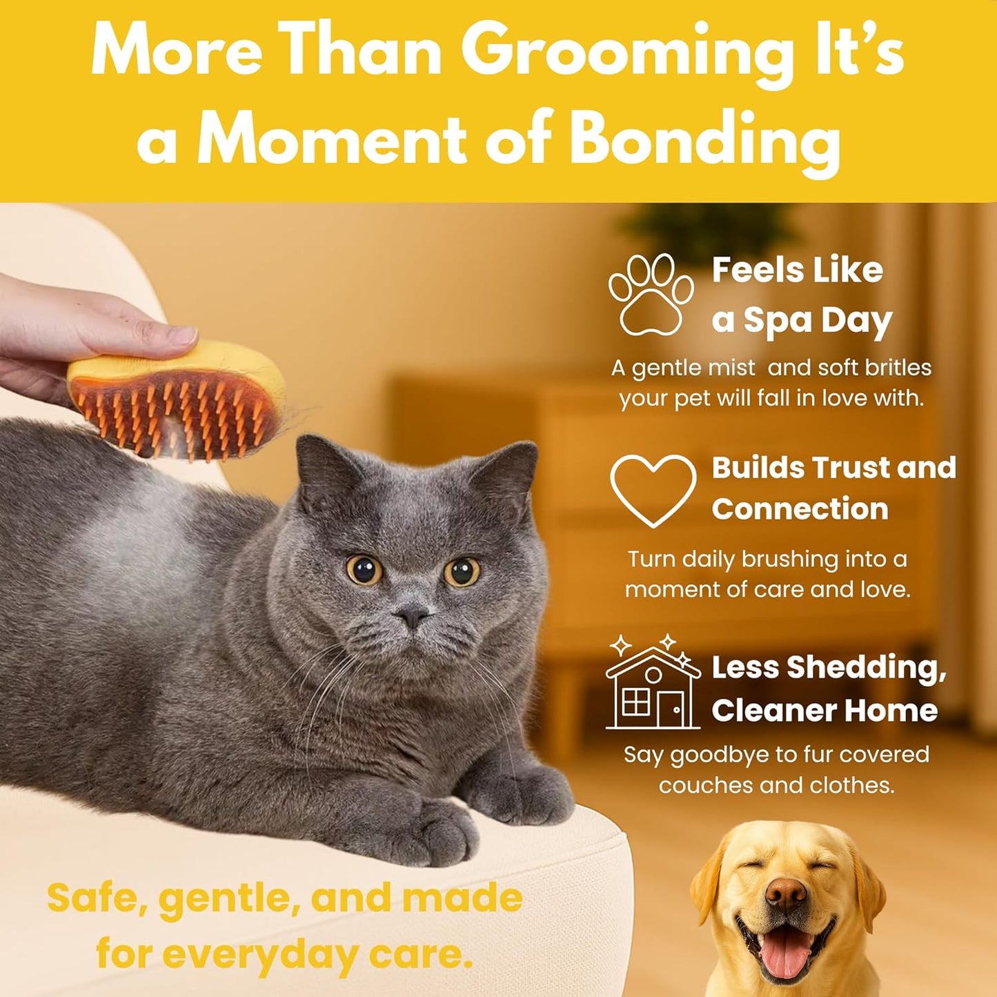 Steam Cat Brush for Indoor Cats – Mist Spray Comb for Shedding & Hair Removal | Silicone Pet Grooming Tool for Long-Haired Cats & Dogs