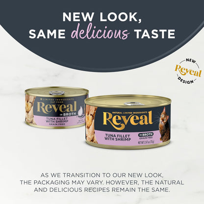 Reveal Natural Wet Cat Food, 24 Count, Grain Free, Limited Ingredient Canned Food for Cats, Tuna Fillet with Shrimp in Broth, 2.47 oz Cans