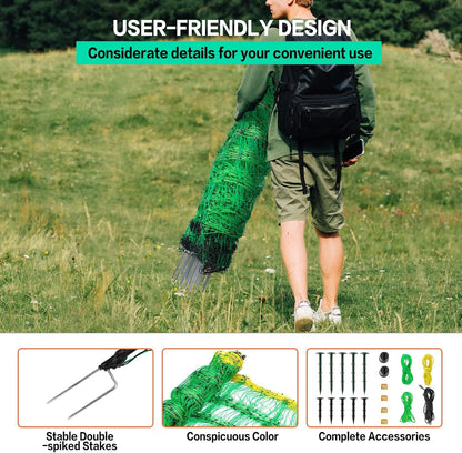 Electric Fence Netting, 49.6" H x 164' L, PE Net Fencing Kit with 14 Posts Double Spiked, Utility Portable Mesh for Sheep Hogs Goats Deer Dogs Lambs Used in Backyards Farms Ranches Patio, Green