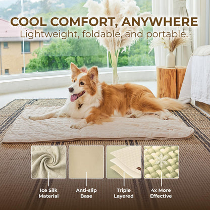 Dog Cooling Mat- Ice Silk Summer Comfort, Self Cooling, Non-Slip Dog Pad, Durable & Washable, Mat for Medium Dogs 50x65 cm, Support Shelter Dogs with Every Purchase (Beige)