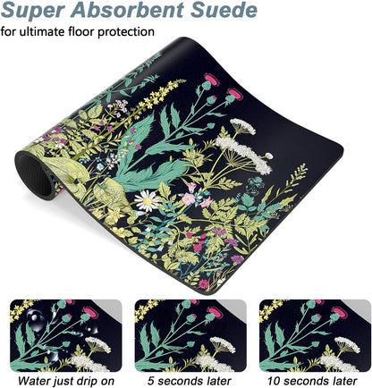 Rnivvi Dog Food Mat, 12" x 19" Flower Absorbent Dog Cat Bowl Mat for Food and Water, Cute Anti-Slip Rubber Pet Feeding Rug Protect Floors, Puppy Placemat for Feeding & Watering Supplies,Black Floral