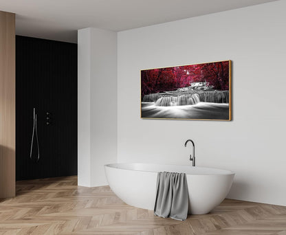 Lasdel Natural Extra Framed Canvas Wall Art of Wide Waterfall & Red Leaves Picture For Bedroom,Burgundy Nature Black White Artwork Decor,Beautiful Maple Leaves Landscape Print Painting,30x60