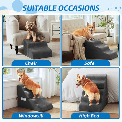 Dog Stairs for Small Dogs and Cats, 2 Steps Pet Stairs to Get on Couch Sofa and Chair, Indoor Non-Slip Balanced Portable Pet Step, High-Density Foam Ramp with Removable Washable Cover, Grey（11.8" H）