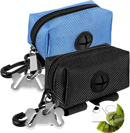Dog Waste Bag Dispenser Pet Poop Bags Holder for Doggie Waste Bags Dispensers Soft Fabric Zipper Small Doggy Puppy Pouch for Leash Accessory Attachment with Carrier,2PCS Blue&Black