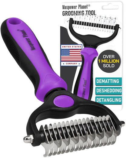 Maxpower Planet Pet Grooming Brush - Double Sided, Extra Wide for Dogs and Cats - Dematting Undercoat Rake, Reduces Shedding by 95%, Purple