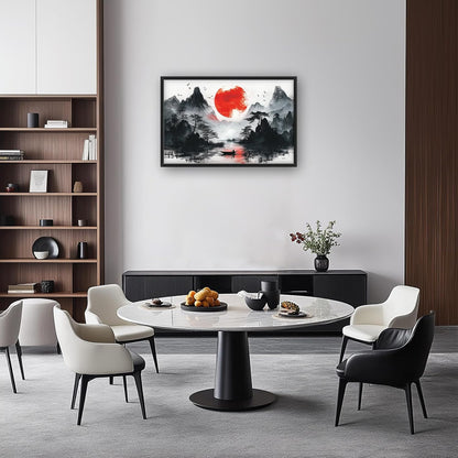 Framed Large Japanese Mountain Wall Art for Living Room, Oversized Asian Red Sun Lake Landscape Wall Decor Nature Canvas Painting Home Decoration for Living Room Bedroom Office 36"x24"