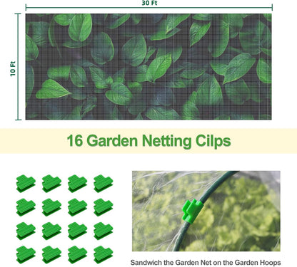 Garden Netting Mesh, 10X30 FT Garden Netting with 16 Cilps & Ultra Fine Mesh Net Bird Barrier Protection for Garden Vegetables Flowers Shrubs Fruit Trees Indoors & Outdoors Plant Beds Greenhouse