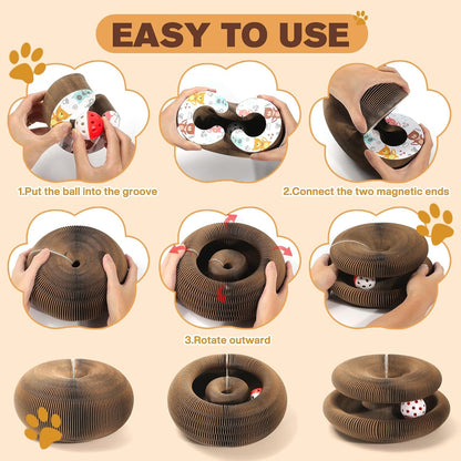 Magic Organ Cat Scratcher Board with 3 Balls, Foldable Recyclable Accordion Cats Toy with Ball and Track Adventure, Cat Scratching Pad, Retractable Reversible Furniture Protector(Brown)