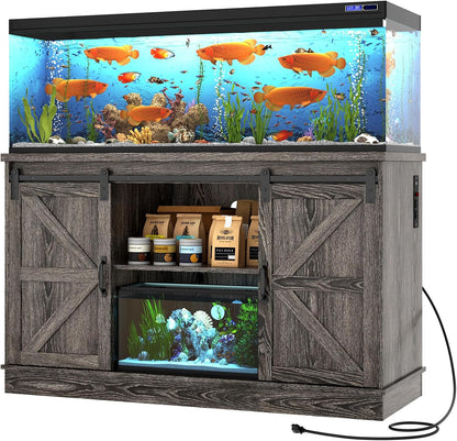 Farmhouse 55-75 Gallon Fish Tank Stand with Power Outlet, Aquarium Stand with Cabinet&Sliding Barn Door, Heavy Duty Reptile Tank Stand for 2 Fish Tank/Turtle Tank/Reptile Terrarium, Grey