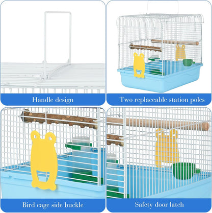 Small Bird Cage, Lightweight for Parakeets, Hanging for Parrot, Travel for Cockatiel, Outdoor Budgie, Pet Products Flat Top Economy Small Animal Cage with Stand Accessories with White Wire, Blue