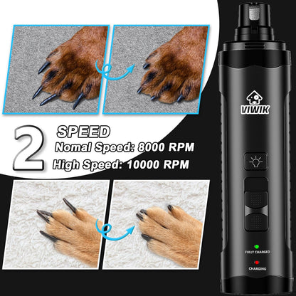 VIWIK Dog Nail Grinder, Dog Nail Trimmers for Large Medium Small Dogs & Cats, Super Quiet Electric Pet Nail Clippers Kit with Light, 2-Speed USB Rechargeable Pet Paws Grooming Tool Black