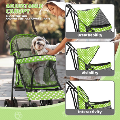 Magshion Compact Pet Stroller for Small-Medium Dogs/Cats up to 22lbs, 4-Wheel Lightweight Umbrella Shaped Portable Puppy Travel Jogger with Breathable Mesh & Rear Storage, Lawn Green Polka Dots