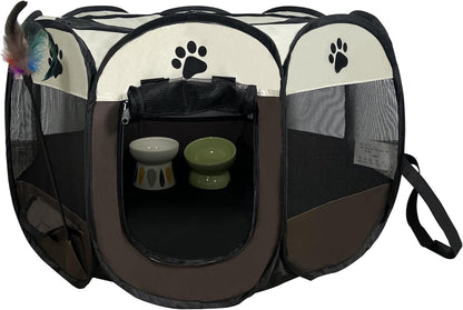 Cat Playpen for Indoor and Outdoor Cats Collapsible Enclosed, Portable Cat Tent, Cat, Puppy Crate Cage (Coffee, Standard, Octagon)