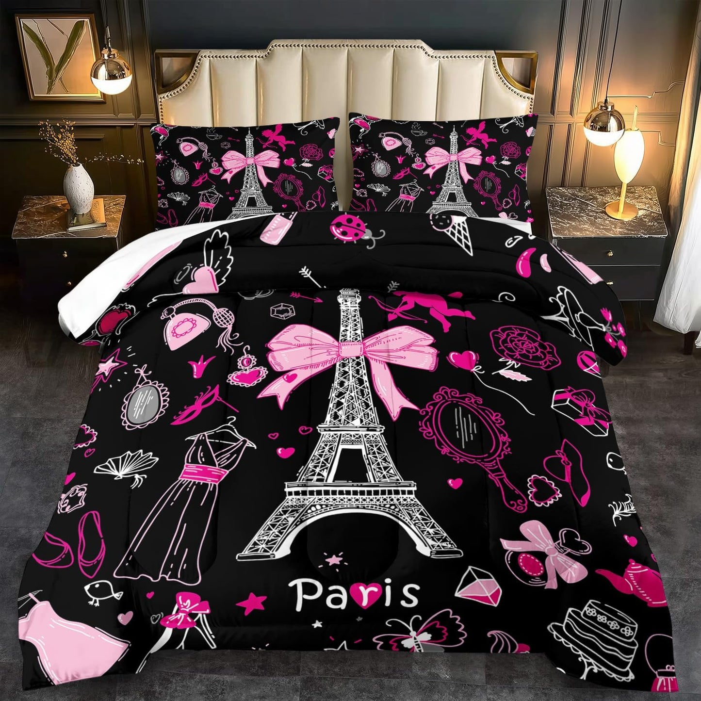Eiffel Tower Comforter Set Queen Size,Eiffel Tower Bedding Set for Girls, Pink and Black Paris Themed Comforter Bedroom Decor,Paris Quilt French Style Romantic Bedding