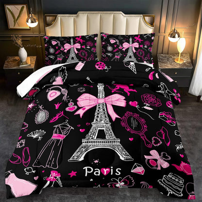 Eiffel Tower Comforter Set Queen Size,Eiffel Tower Bedding Set for Girls, Pink and Black Paris Themed Comforter Bedroom Decor,Paris Quilt French Style Romantic Bedding