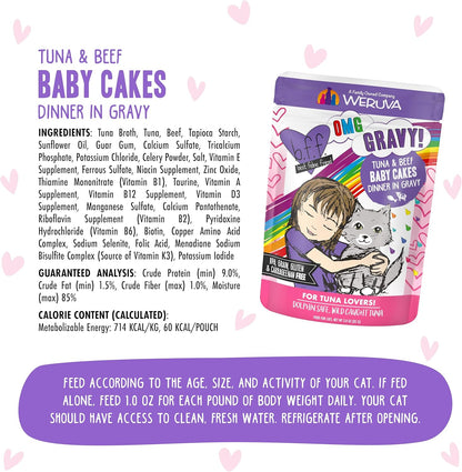 Weruva B.F.OMG - Best Feline Friend Oh My Gravy!, Tuna & Beef Baby Cakes with Tuna & Beef in Gravy Cat Food, 3oz Pouch (Pack of 12), Purple (0152)